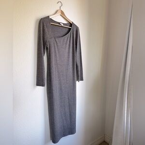 Brown Long Sleeve Ribbed Midi Dress